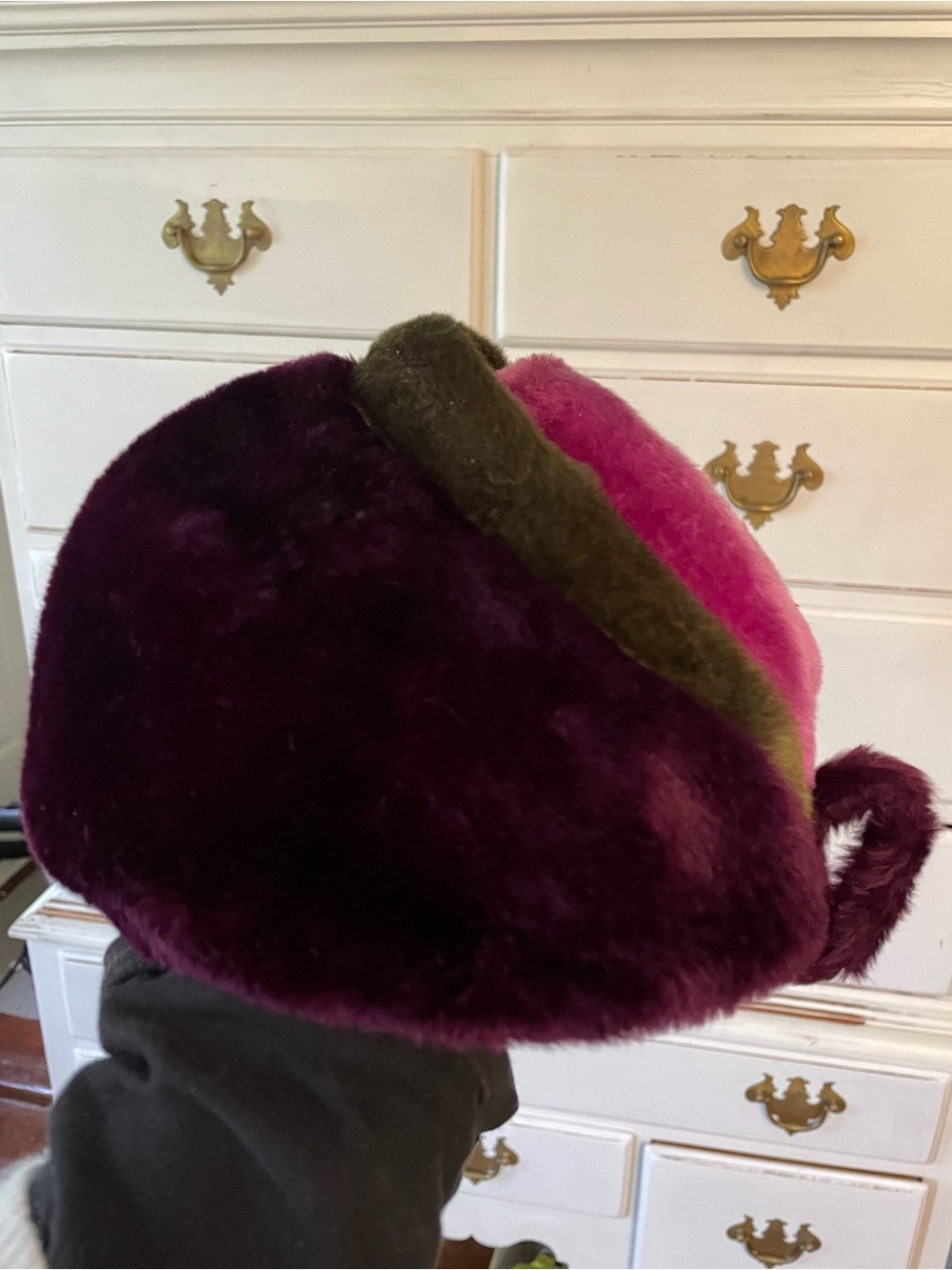 Plush Colorblock Faux Fur Hat in Plum, Pink and Olive